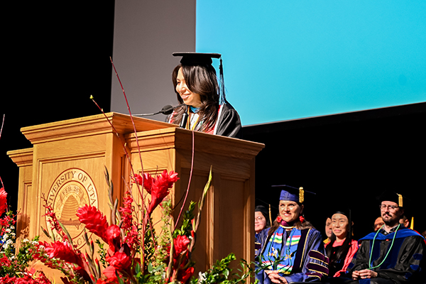 Ana Asencio giving speech at convocation